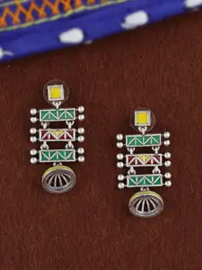 Voylla Silver-Plated & Green Geometric Enamelled Drop Earrings