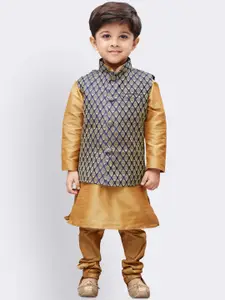 JBN Creation Boys Gold-Coloured & Navy Blue Solid Kurta with Churidar & Nehru Jacket