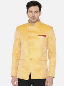 Wintage Men Yellow Self-Design Regular Fit Bandhgala Blazer