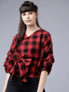 Tokyo Talkies Women Red Checked Wrap Pure Cotton Top