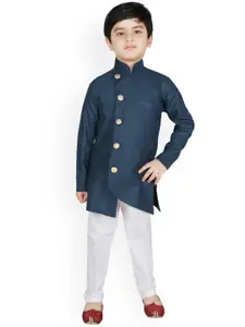 SG YUVRAJ Boys Navy Blue & White Brocade Weave Solid Kurta with Trousers