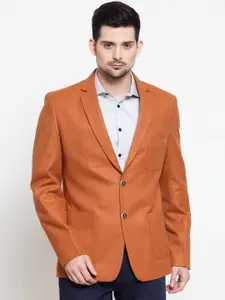 LUXURAZI Men Rust Orange Solid Slim-Fit Single-Breasted Blazer