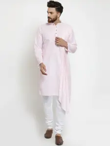 TREEMODA Men Pink & White Solid Linen Kurta with Churidar