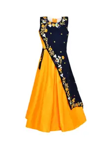 Aarika Girls Navy Blue & Yellow Silk Maxi Dress