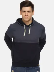 Campus Sutra Men Blue & Black Colourblocked Hooded Sweatshirt