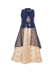 BETTY Girls Blue & Beige Solid Ready to Wear Lehenga & Blouse with Shrug