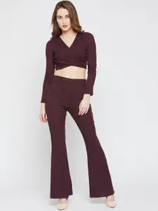 Marie Claire Women Maroon Solid Crop Top with Flared Trousers