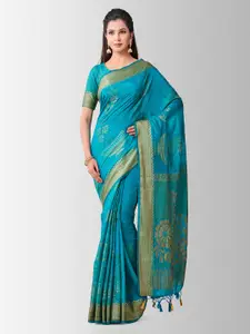 MIMOSA Turquoise Blue & Beige Art Silk Woven Design Kanjeevaram Saree