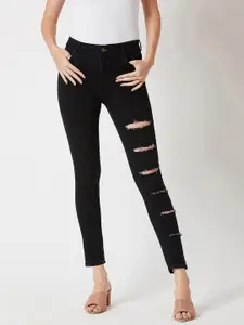 Miss Chase Women Black Slim Fit Mid-Rise Slash Knee Jeans
