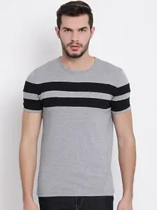 MACK JONNEY Men Grey Striped Round Neck T-shirt