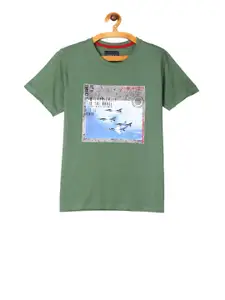 Cherokee Boys Green Printed Round Neck Pure Cotton T-shirt