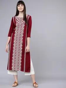 Vishudh Women Maroon & White Printed Straight Kurta