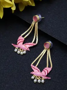 Moedbuille Gold-Plated & Pink Handcrafted Meenakari Tasselled Peacock Shaped Drop Earrings