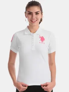 U.S. Polo Assn. Women Women White Solid Polo Collar T-shirt