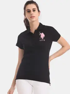 U.S. Polo Assn. Women Women Black Solid Polo Collar T-shirt