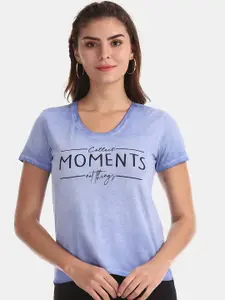 Flying Machine Women Blue Printed Round Neck Pure Cotton T-shirt