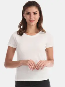 Flying Machine Women White Solid Round Neck T-shirt