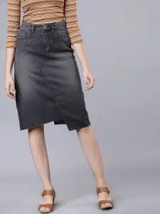 Tokyo Talkies Women Grey Solid A-line Denim Skirt