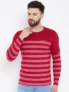 LE BOURGEOIS Men Maroon Striped Round Neck T-shirt