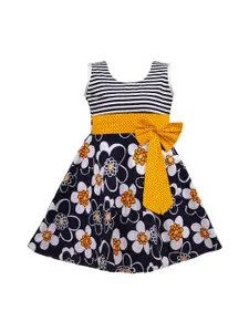 Wish Karo Girls Blue & Yellow Floral Printed Fit and Flare Dress