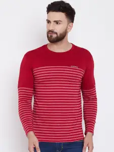 LE BOURGEOIS Men Maroon Striped Round Neck T-shirt