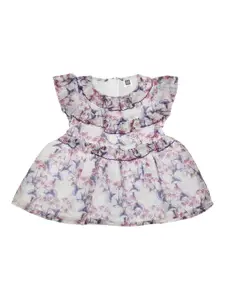 MeeMee Girls White & Pink Floral Print Fit and Flare Dress
