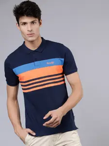 LOCOMOTIVE Men Navy Blue & Orange Striped Round Neck T-shirt