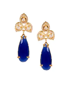 ANIKAS CREATION Gold-Plated & Navy Blue American Diamond Teardrop Shaped Drop Earrings