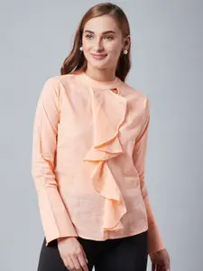 Athena Women Peach-Coloured Solid Regular Smart Casual Top