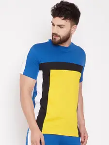 FUGAZEE Men Blue & Yellow Colourblocked Round Neck T-shirt