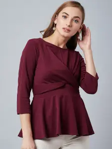 Athena Women Burgundy Solid Knitted Peplum Top