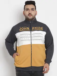 John Pride Plus Size Men Charcoal Grey  Yellow Colourblocked Printed Fleece Sweatshirt
