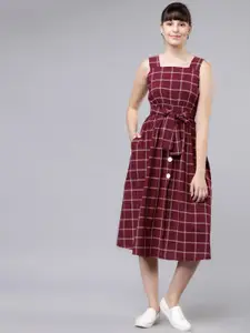 Tokyo Talkies Women Checked Maroon Fit and Flare Dress
