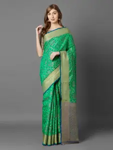 Mitera Green Silk Blend Printed Banarasi Saree