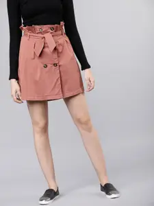 Tokyo Talkies Women Peach-Coloured Solid High-Rise A-LIne Mini Skirt