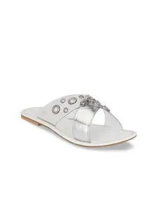 AADY AUSTIN Women Silver-Toned & Transparent Solid Open Toe Flats
