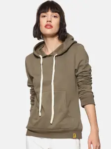 Campus Sutra Women Olive Green Solid Hooded Sweatshirt
