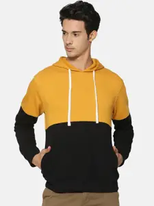 Campus Sutra Men Mustard Yellow & Black Colourblocked Hooded Sweatshirt