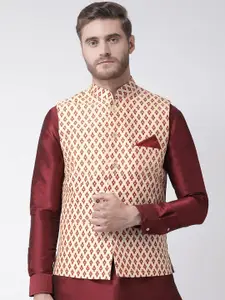 DEYANN Men Cream-Coloured & Maroon Printed Nehru Jacket