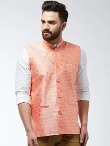 SOJANYA Men Peach-Coloured & Gold-Coloured Woven Design Nehru Jacket