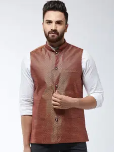 SOJANYA Men Rust Brown Woven Design Nehru Jacket