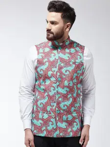 SOJANYA Men Turquoise Blue & Red Printed Nehru Jacket