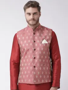 DEYANN Men Pink & Beige Woven Design Nehru Jacket