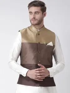 DEYANN Men Brown & Gold-Toned Colourblocked Nehru Jacket