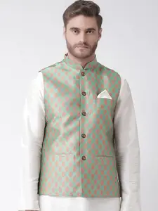 DEYANN Men Green & Orange Woven Design Nehru Jacket