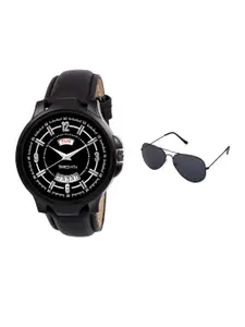 TIMESMITH Men Black Leather Analogue Watch With Free Sunglasses TSC-083-WMG-002
