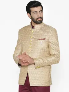 Wintage Men Beige Self-Design Tailored Fit Bandhgala Blazer