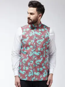 SOJANYA Men Sea Green & Red Printed Nehru Jacket