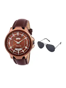 TIMESMITH Men Brown Leather Analogue Watch With Free Sunglasses TSC-085-WMG-002