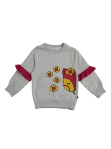 KiddoPanti Girls Grey Printed Sweatshirt